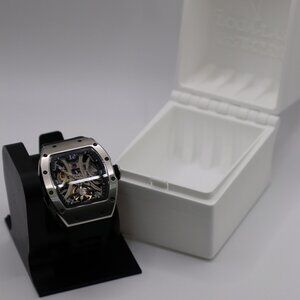 Silver Skeleton Automatic Sport Watch – 39mm Stainless Steel Case, Black Rubber